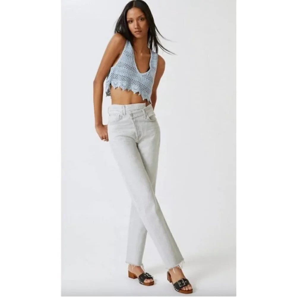 Agolde Criss Cross Jeans Size 24 Gray Frayed Hem Straight Leg High Rise Denim
